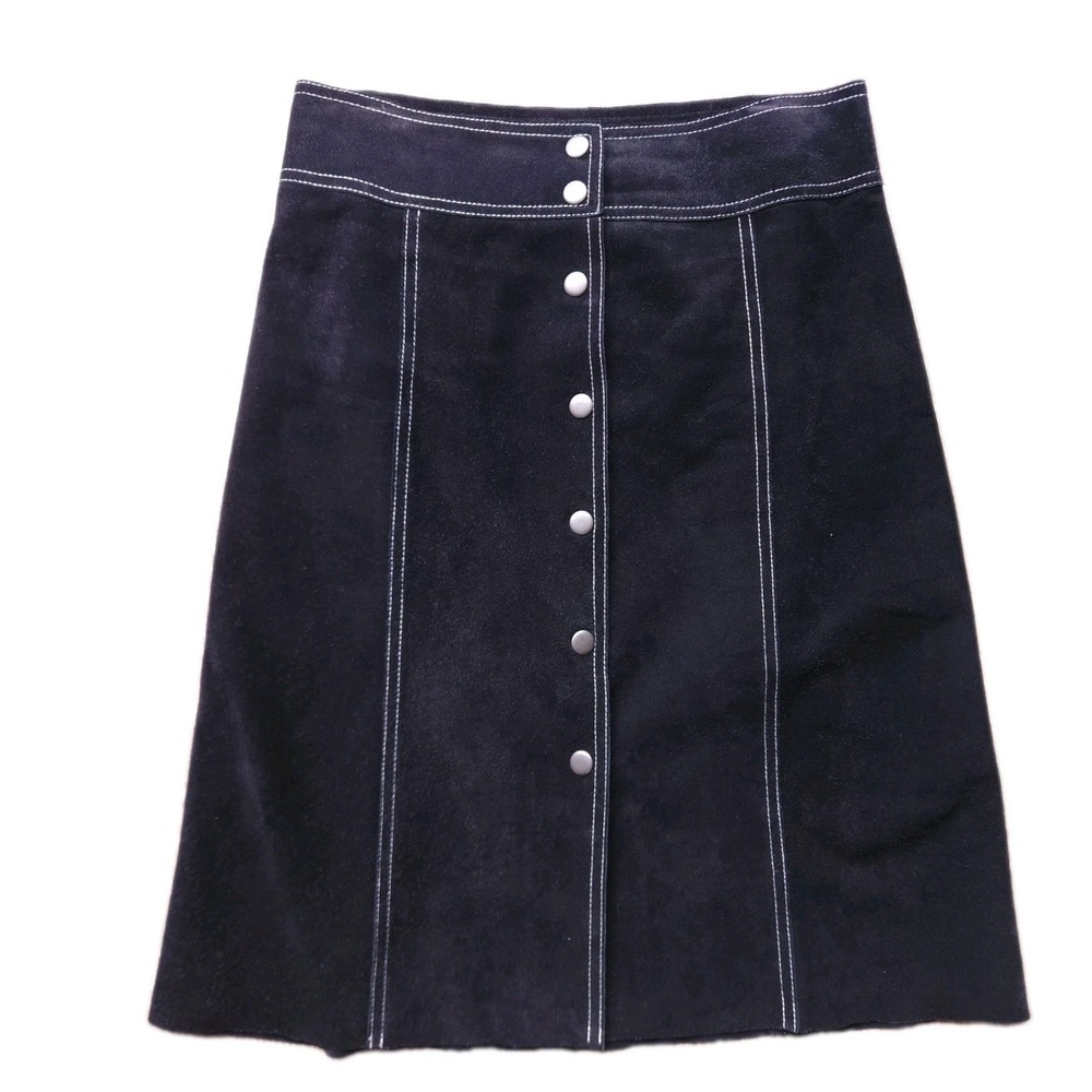 Theory Bergdorf Goodman Black Suede Leather A-Line Skirt Snap Front Contrast 0